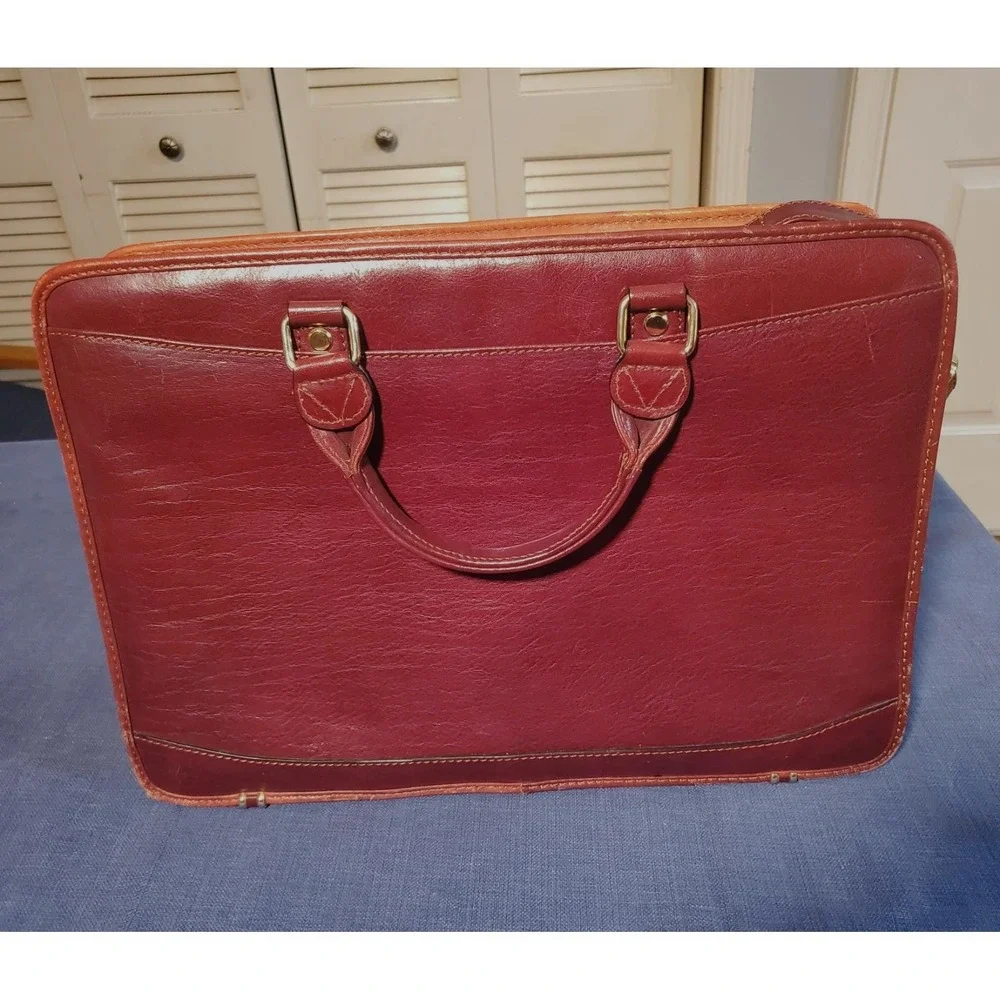 Cognac Brown Leather Briefcase‎ Lap Top Case Dbl Handle Shoulder Strap Vantaggio
